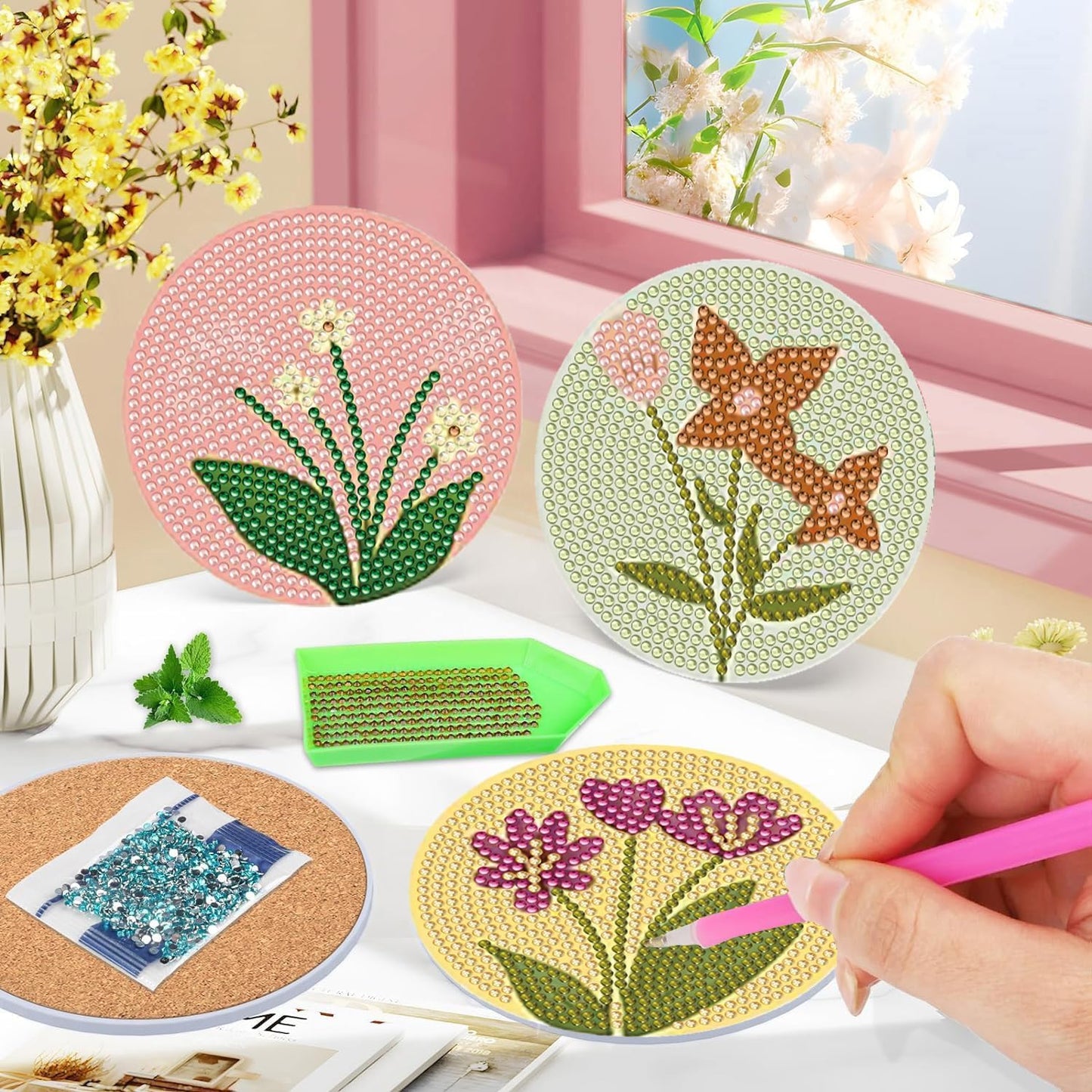 DOTSOPS 6Pack Diamond Art Coaster with Holder 5D Diamond Painting Kits for Adults Round Full Drill Beginners Gem Dots Craft Arts Supplies Party Home Decor Flower