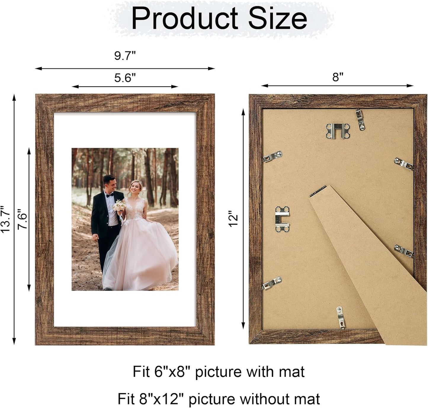 iRahmen 8x12 Picture Frame Set of 4 with High Definition Real Glass, Display 6x8 Pictures with Mat or 8 x 12 Without Mat, Rustic Wood Photo Frames for Tabletop and Wall Mounting