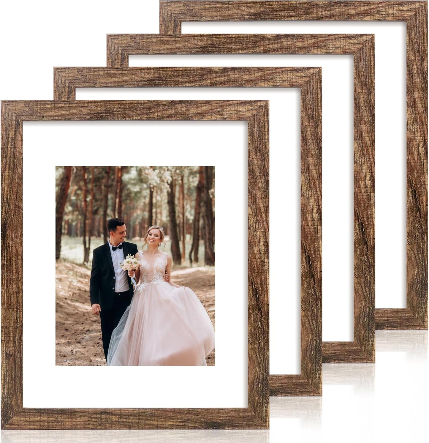 iRahmen 11x14 Picture Frame Set of 4 with Tempered Glass, Rustic Frame Display 8x10 Pictures with Mat or 11 x 14 Without Mat, Wooden Photo Frames for Wall Mounting