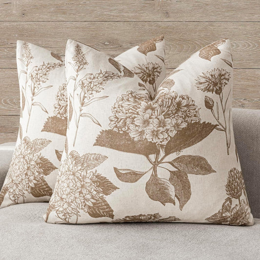 Foindtower Set of 2 Linen Floral Throw Pillow Covers Neutral Vintage Print Decorative Cushion Covers Farmhouse Boho Home Decor for Sofa Chair Couch Bedroom Living Room,24×24 Inch,Light Brown