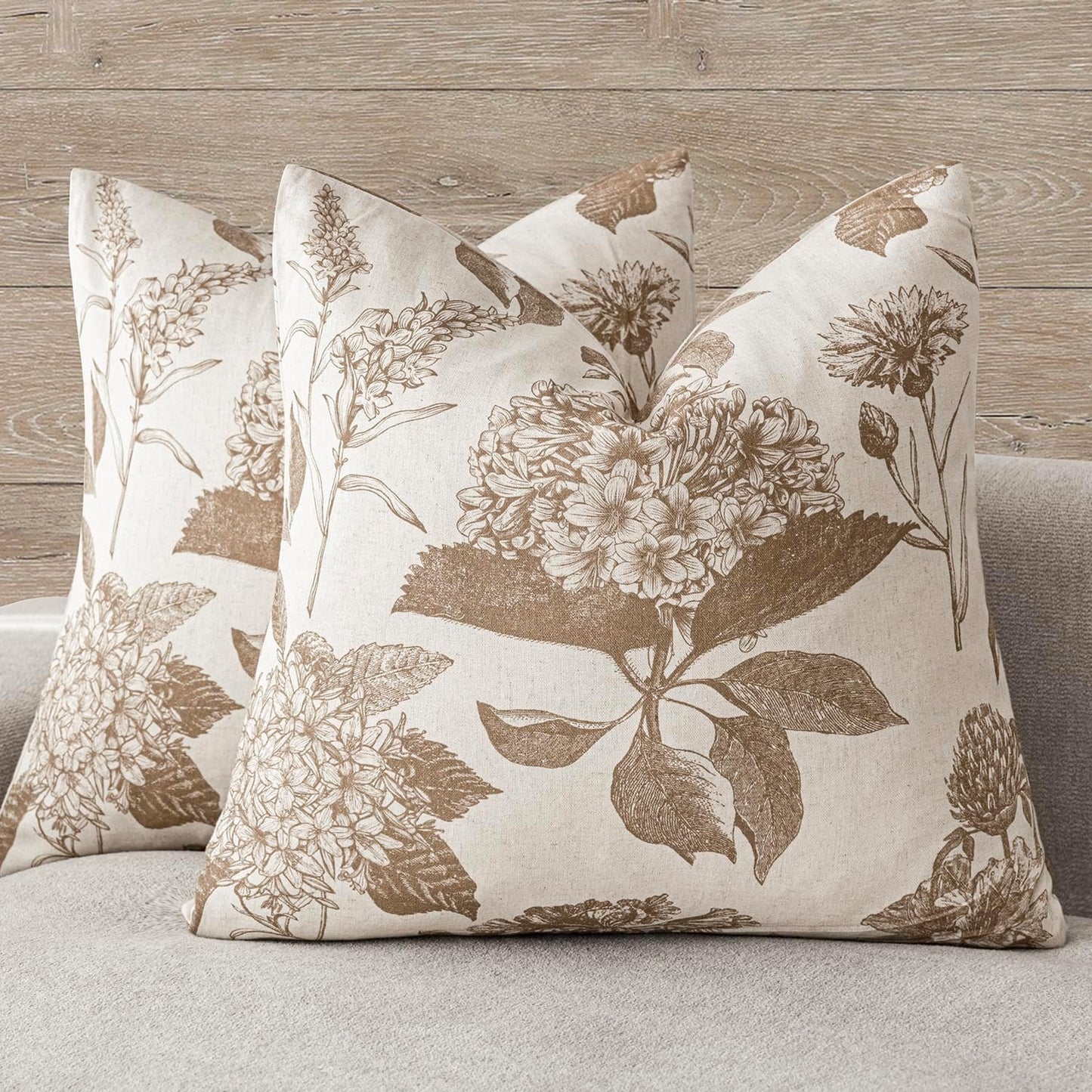 Foindtower Set of 2 Linen Floral Throw Pillow Covers Vintage Accent Print Decorative Cushion Covers Farmhouse Boho Home Decor for Sofa Chair Couch Bedroom Living Room,20×20 Inch,Light Brown
