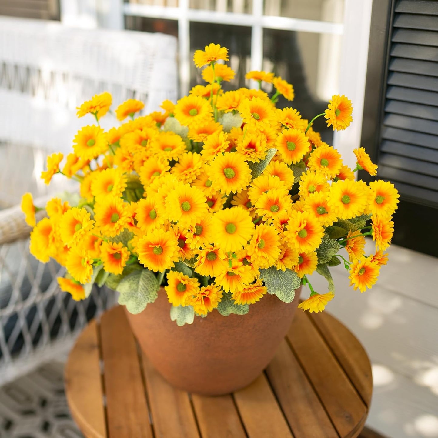 HyeFlora Dahlia Artificial Fall Flowers for Outdoors Autumn Decoration, 6 Bundles Fake Mums Yellow Faux Flowers Plants Realistic UV Resistant Silk Flowers for Outside Planter Front Door Yard Garden