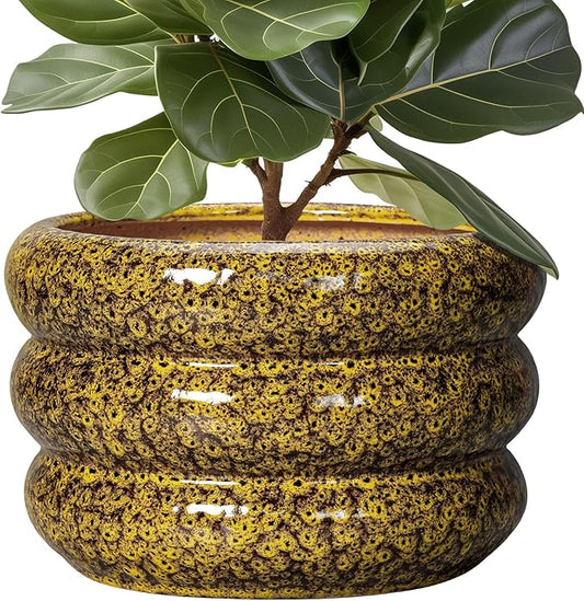 SQOWL Ceramic Pots for Plants - 13.5 Inch Ceramic Planter for Indoor Plants, Large Plant Pots with Drainage Hole, Round Flower Pot Outdoor, Bubble Planter, Room Decor, Gifts for Plant Lover, Yellow