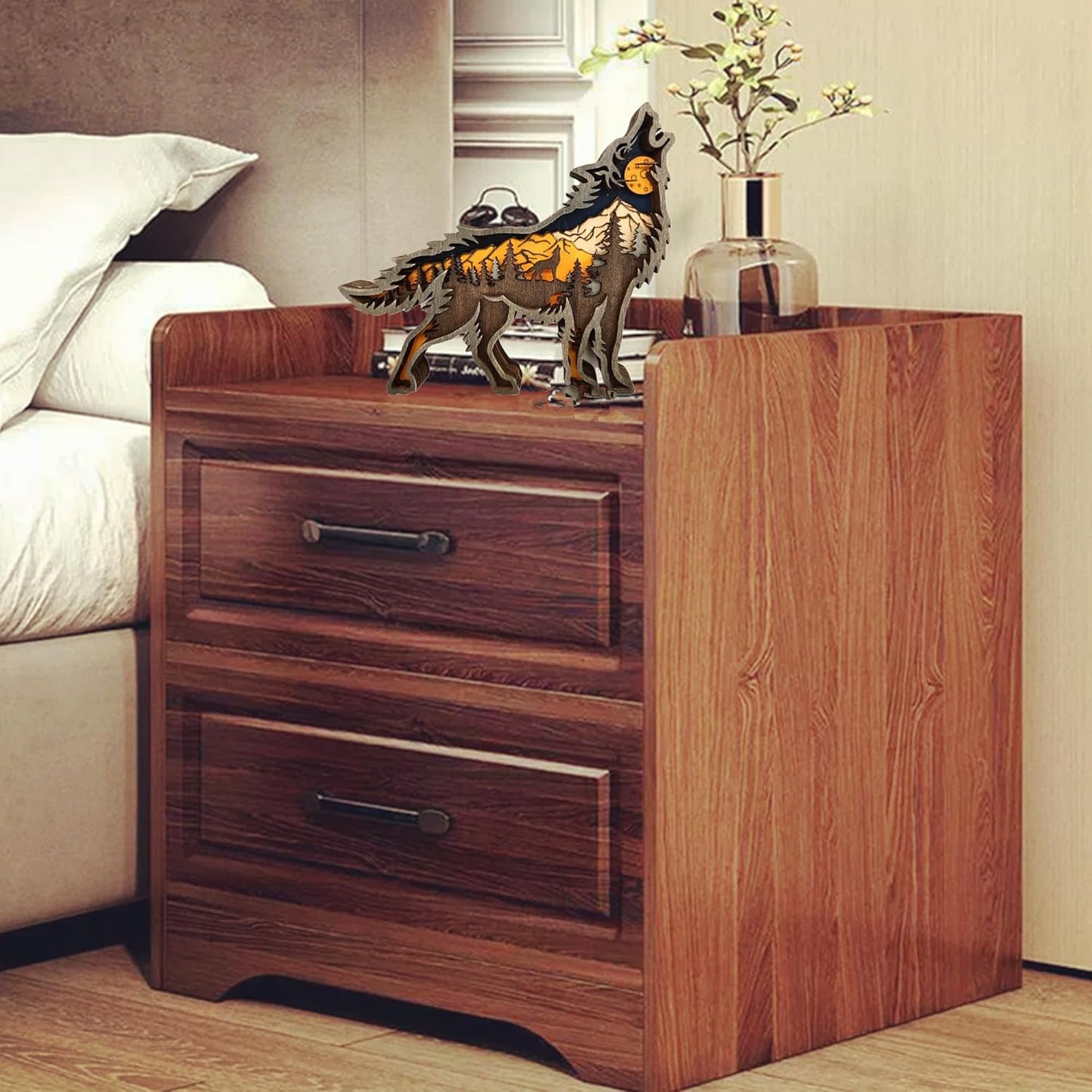 Forest Animal Desk Art Decor Wooden Farmhouse Table Decoration, Cabin Decor, Nursery Decor Mountain Decor for Bedroom Living Room(Wolf)