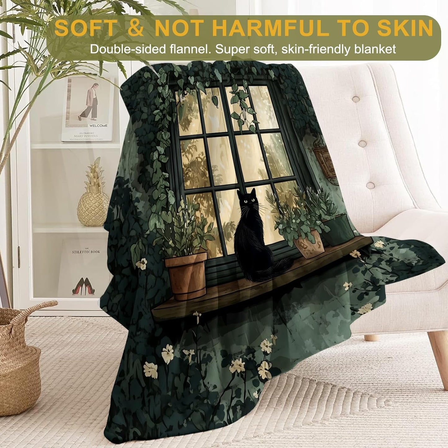 Black Cat and Window Flannel Blanket - Lightweight Soft Cozy Unique Gifts Blankets for Kitten Lovers,Kids,Adult,Women,Vintage Botanical Cottage Throw,Home Room Modern Decor 50x60in