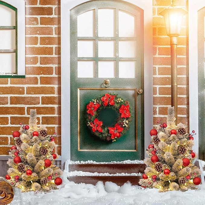 24'' Mini Artificial Christmas Tree with LED Lights Faux Pine Cones and Berrys Pre-Lit Snow Flocked Xmas White Trees Christmas Porch Decorations Small Fake Trees for Outdoor Home Yard - Set of 2