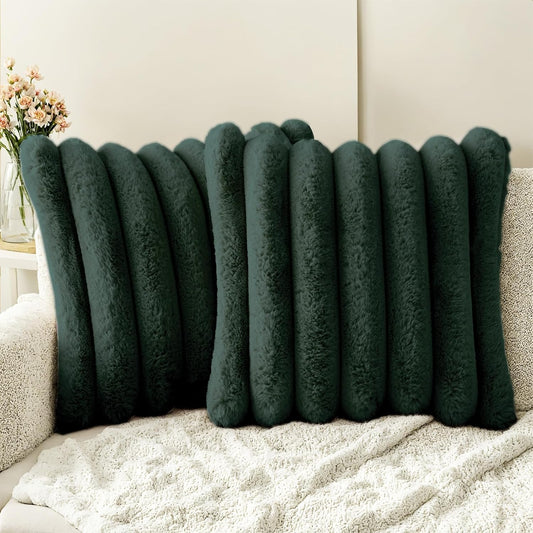 HAUSSY Faux Fur Throw Pillow Covers 20x20 Inch Set of 2,Decorative Striped Neutral Pillow Cases Soft Plush Couch Pillow Covers,Home Decor for Sofa,Bed, Living Room,Dark Green