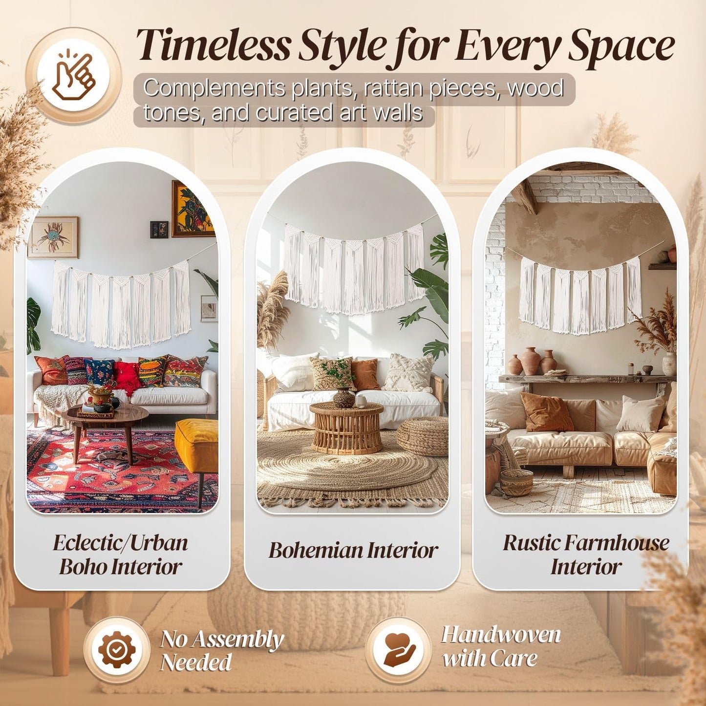 Flexzion Macrame Wall Decor Hanging Boho Hand Woven Tapestry Art Bunting Banner Bohemian Wall Decor for Home Bedroom Living Room Rustic Hippie Garland Baby Nursery, 47 Inch Cream White Cotton Curtain