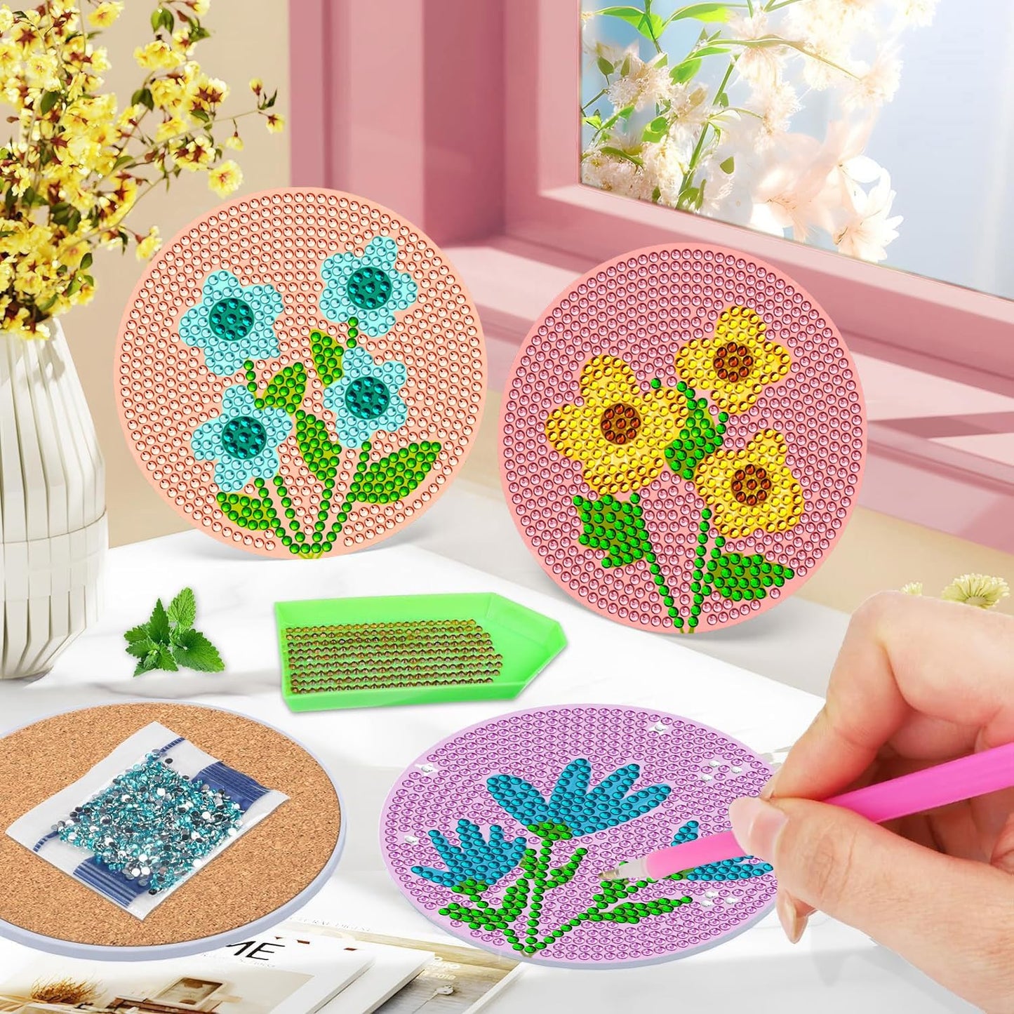 DOTSOPS 6 Pcs Diamond Painitng Kits for Adults Diamond Art Coasters with Holder for Adults Beginners Diamond Craft Gem Dots for Christmas Birthday Flowers