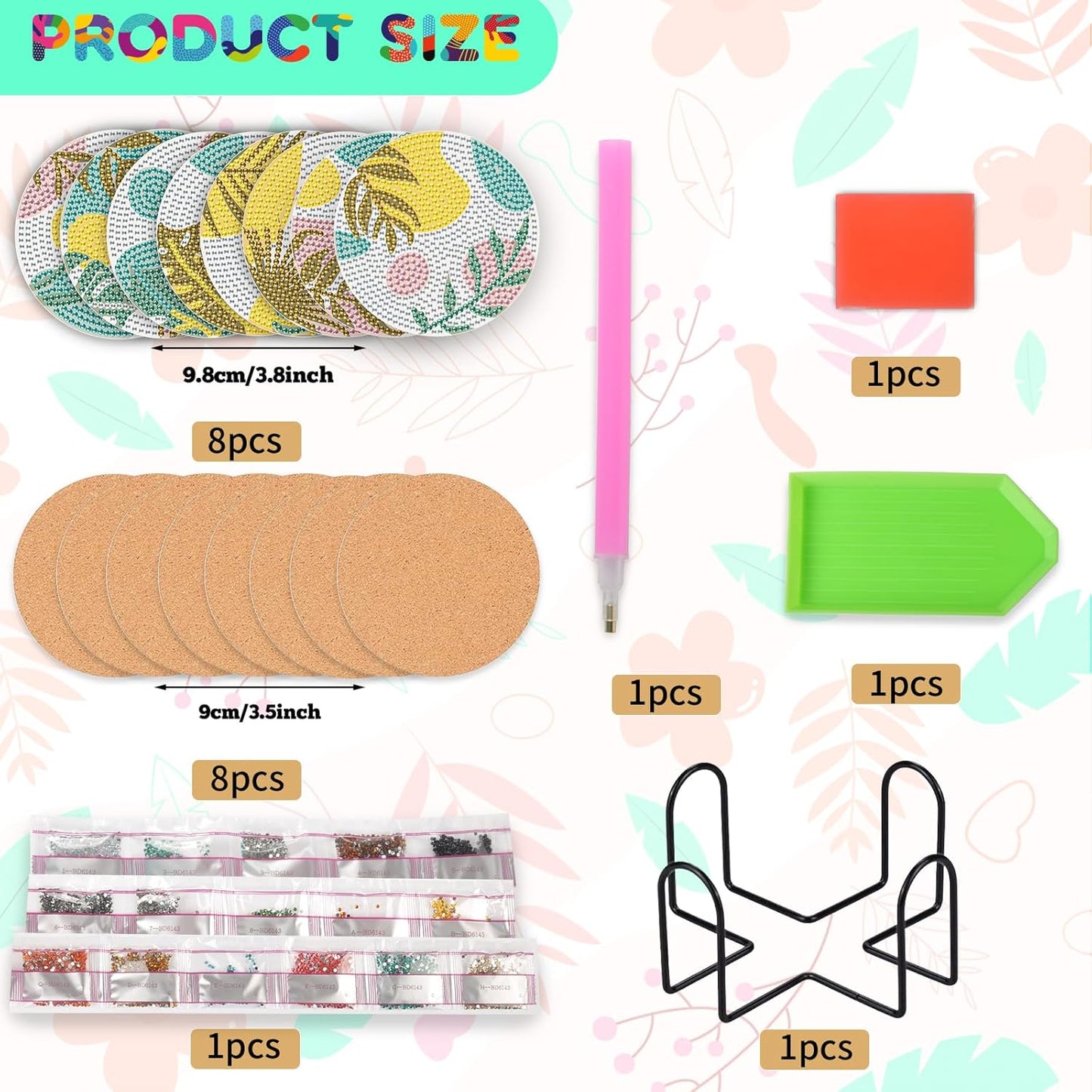 DIY Diamond Art Coasters with Holder, Boho Diamond Coasters Painting Coasters, Colorful Leaves Painting Kits for for Adults, Diamond Art Craft Kits (8 Pcs Pink Leaf Style with Holder)