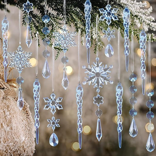 32pcs Crystal Christmas Ornaments for Christmas Tree Decorations-Blue Hanging Acrylic Snowflake and Icicle Ornaments with Drop Pendants for Xmas Winter Wonderland New Year Party Decorations Supplies