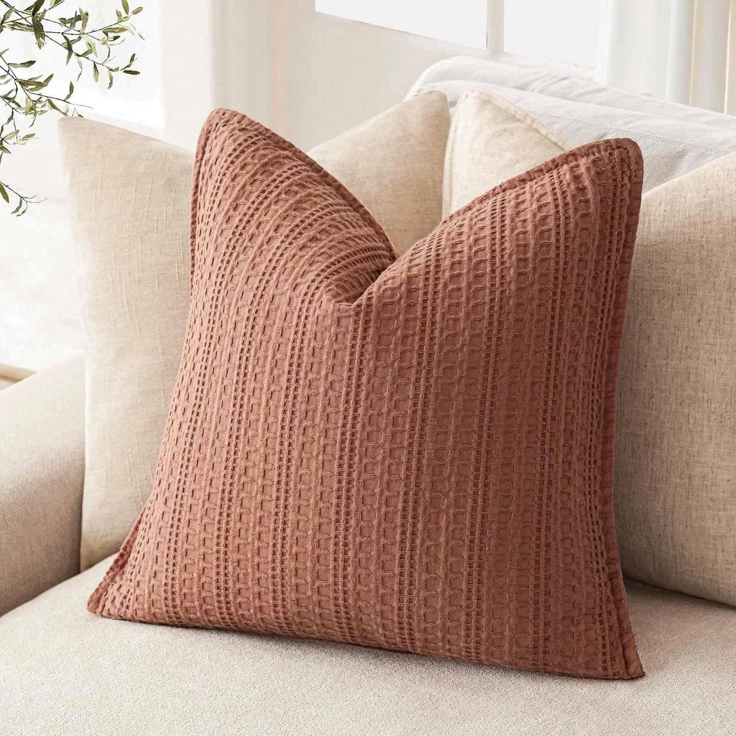 Foindtower Set of 2 Decorative Cotton Waffle Weave Throw Pillow Covers Euro Shams Cushion Covers Accent European Pillowcase for Bed Couch Sofa Bedroom Living Room Home Decor 24×24 Inch Coral Pink