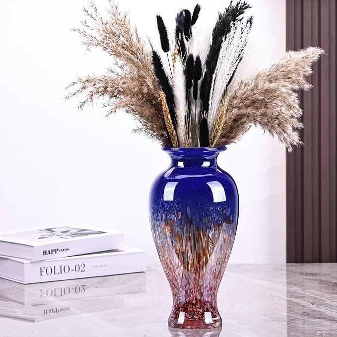 11.8" Tall Blown Blue Glass Vase, Colorful Opaque Glass Vase, Unique Design Wide Mouth Art Decoration for Home, Living Room, Dining Table, Pampas Grass Decor (Blue)