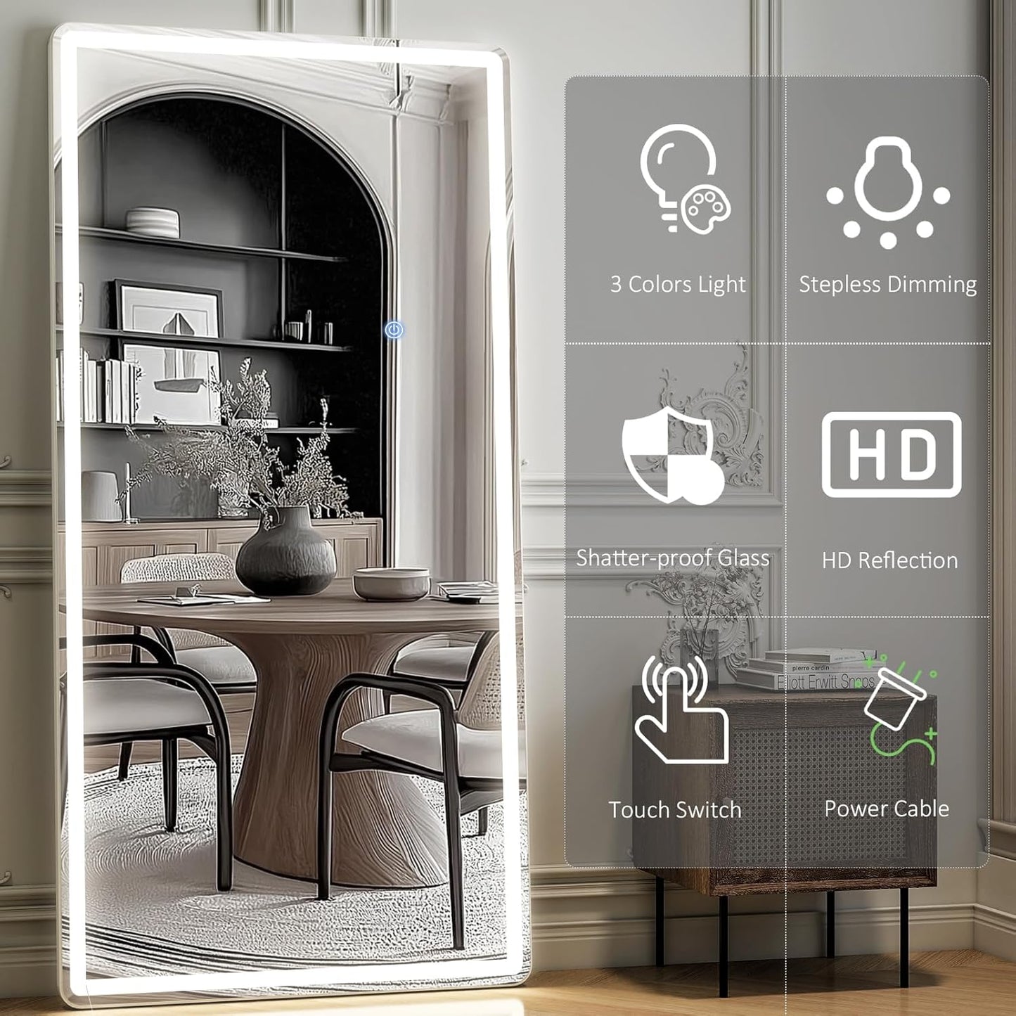 GLSLAND 26"x68" LED Full Length Mirror - Full Body Mirrors with Lights Dimmable 3 Color Lighting Floor Standing Mirror Hanging for Bedroom Living Room Cloakroom,White