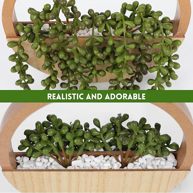 Floweroyal 2pcs Artificial Succulents Hanging Plants 12.2'' Fake String of Pearls in Pot with 8.3'' Lanyard for Indoor Outdoor Wall Decor（Wood Color）.