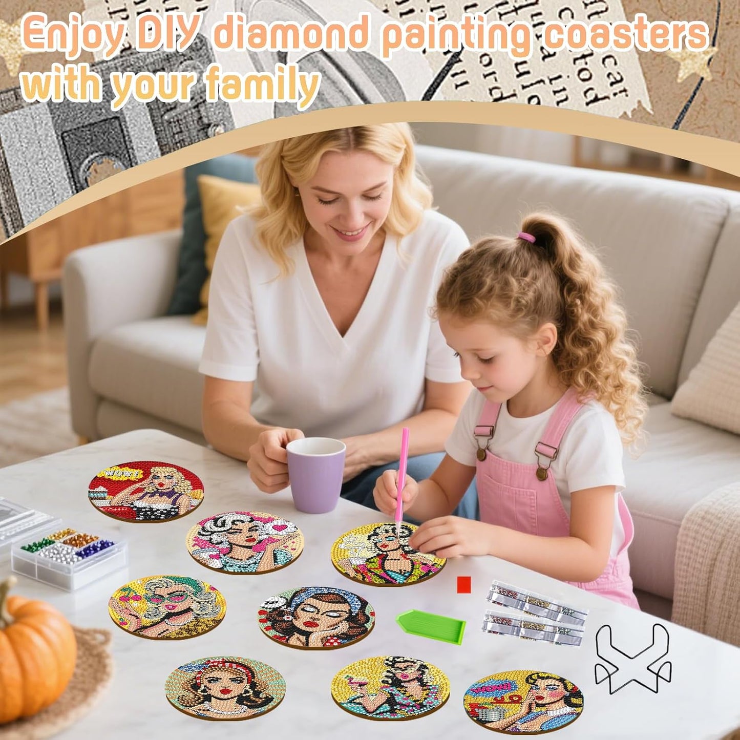 DOZEEZOP 8 PCS Diamond Art Coasters Kit, 5D Diamond Painting Coasters with Holder, Fall Small Diamond Art Kits for Adults Beginners, Diamond Dots Arts and Crafts Supplies Retro