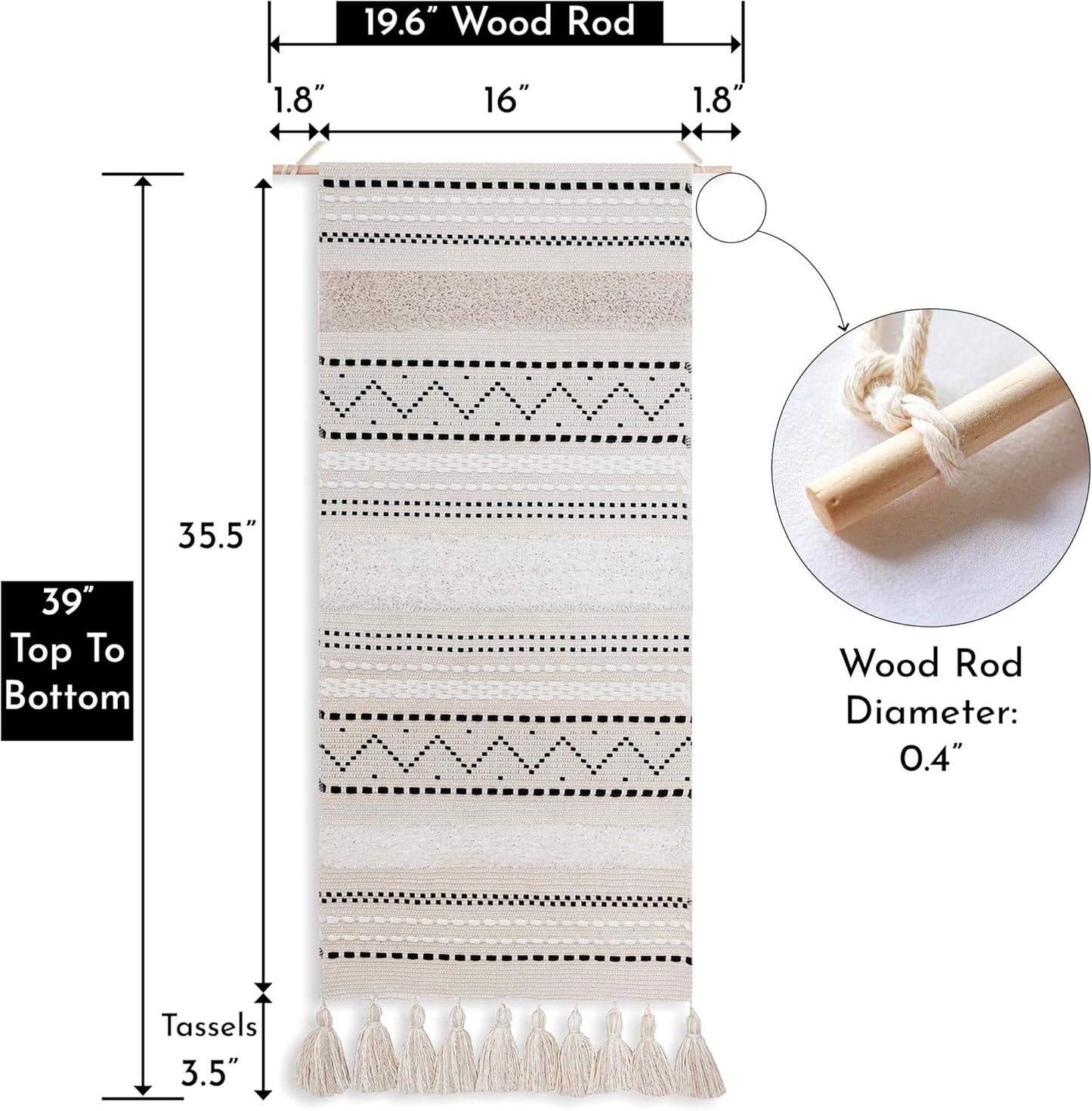 BlissBlush Long Vertical Wall Hanging Tapestry Woven Boho Farmhouse Decor Black Beige Cream Tassel Handmade Wall Art Decoration for Bedroom Living Room Dorm Nursery Apartment, 16x39 INCH