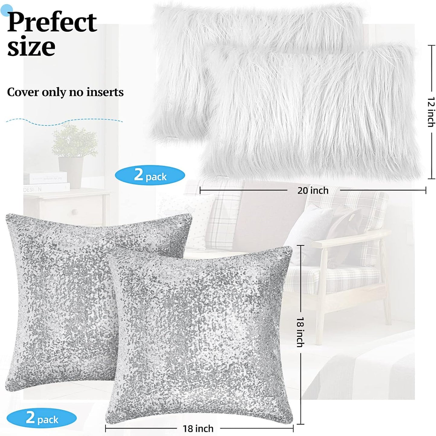 Irenare 4 Pcs Sequin and Fluffy Pillow Covers Winter Throw Pillow Cases Soft Cushion Cover for Couch Bed Sofa Xmas Day(18 x 18 Inch, 12 x 20 Inch,White, Silver)