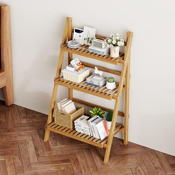 Foldable Plant Shelf Ladder Shelf, 3 Tier Bamboo Ladder Flower Pot Display Shelf, Freestanding Ladder Bookshelf Rack for Garden, Balcony, Yard, Living Room, 23.6" W x 15" D x 39.4" H, Natural