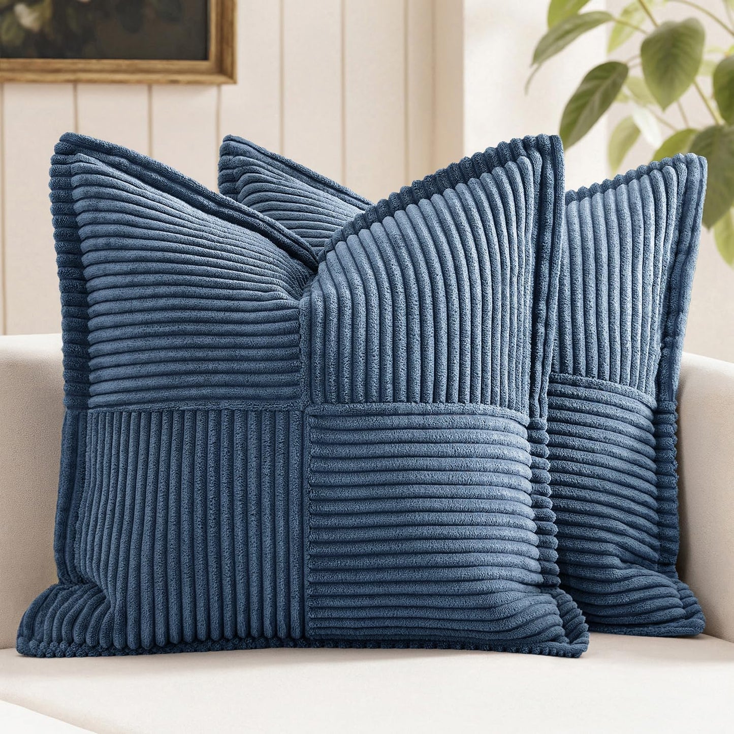 MIULEE Blue Corduroy Decorative Euro Sham Pillow Covers 24x24 Inch with Splicing Set of 2 Soft Boho Pillow Covers Broadside Textured Summer Coastal Pillowcases for Couch Bed Livingroom