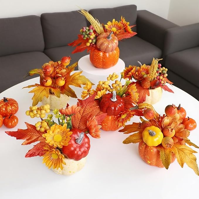 winemana Fall Decorations for Home - Set of 6 Artificial Pumpkins with Maple & Flowers, Thanksgiving Table Decor, Pumpkin Vases Centerpiece for Kitchen Office Indoor