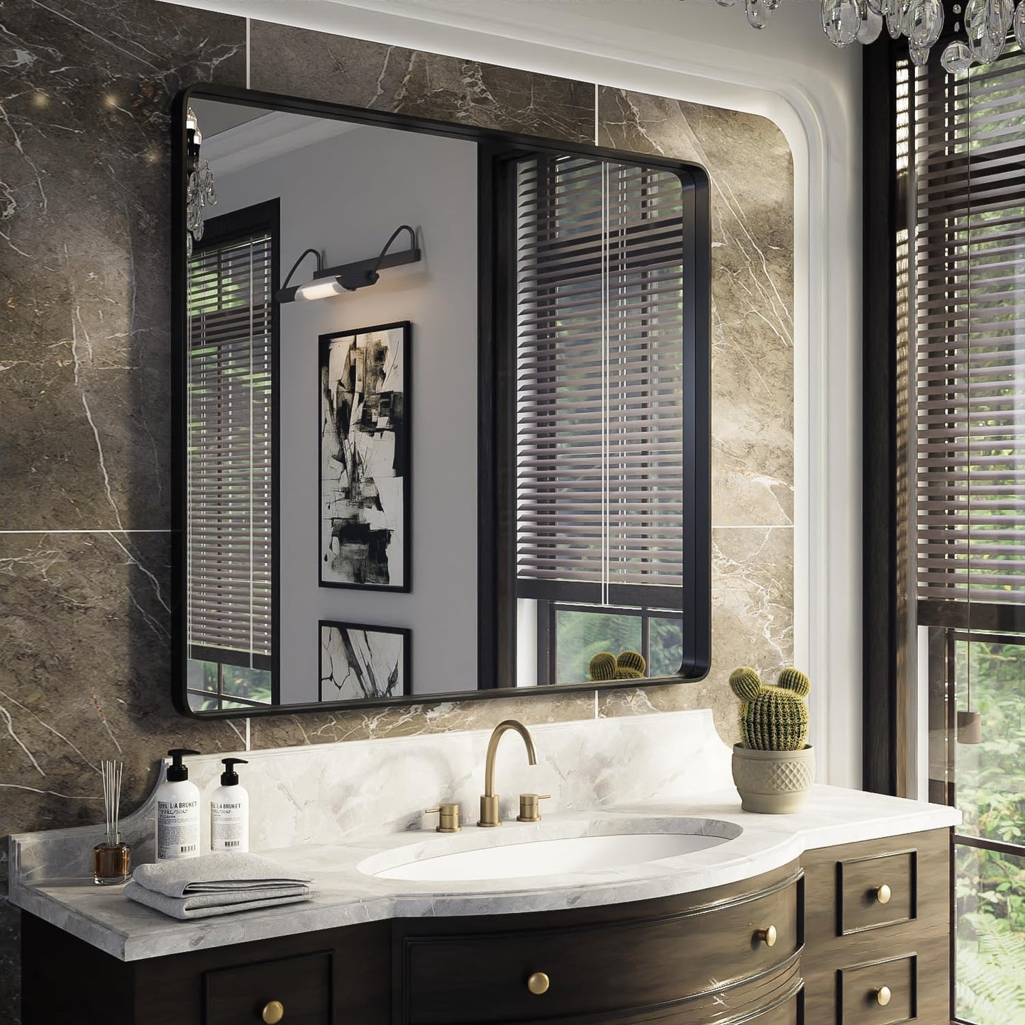 ISKM Black Bathroom Mirror for Wall 40" x 36" Matte Black Framed Vanity Mirror, Shatter-Proof, Tempered Glass, Rounded Rectangle Mirror(Horizontal/Vertical)