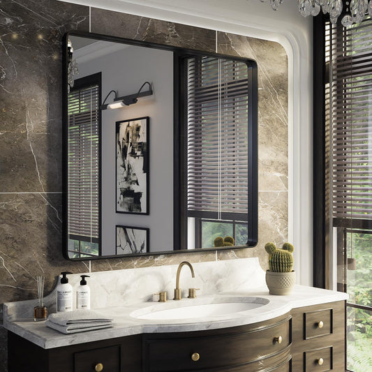 ISKM Black Bathroom Mirror for Wall 40" x 36" Matte Black Framed Vanity Mirror, Shatter-Proof, Tempered Glass, Rounded Rectangle Mirror(Horizontal/Vertical)