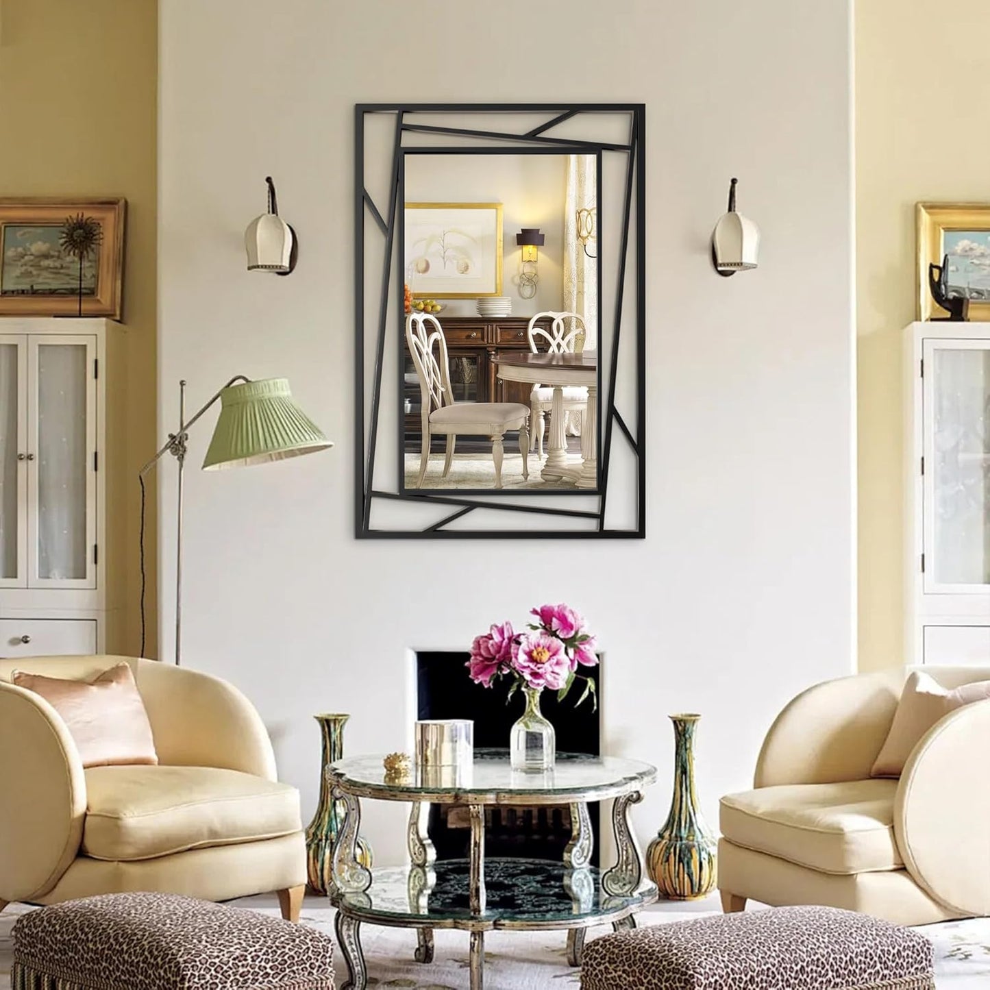 Black Bathroom Mirror 36''X24'' Rectangle Decorative Wall Mirrors with Geometric Metal Frame for Bathroom, Living Room, Bedroom, Entrance, Horizontal/Verticall, Easy to Install