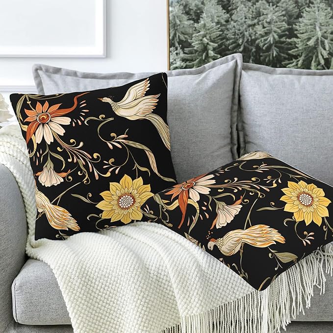 Vintage Flowers and Birds Pillow Covers 18x18 Inch Set of 2 Soft Decorative Throw Pillow Case for Living Room Bedroom Sofa Couch Cushion Covers