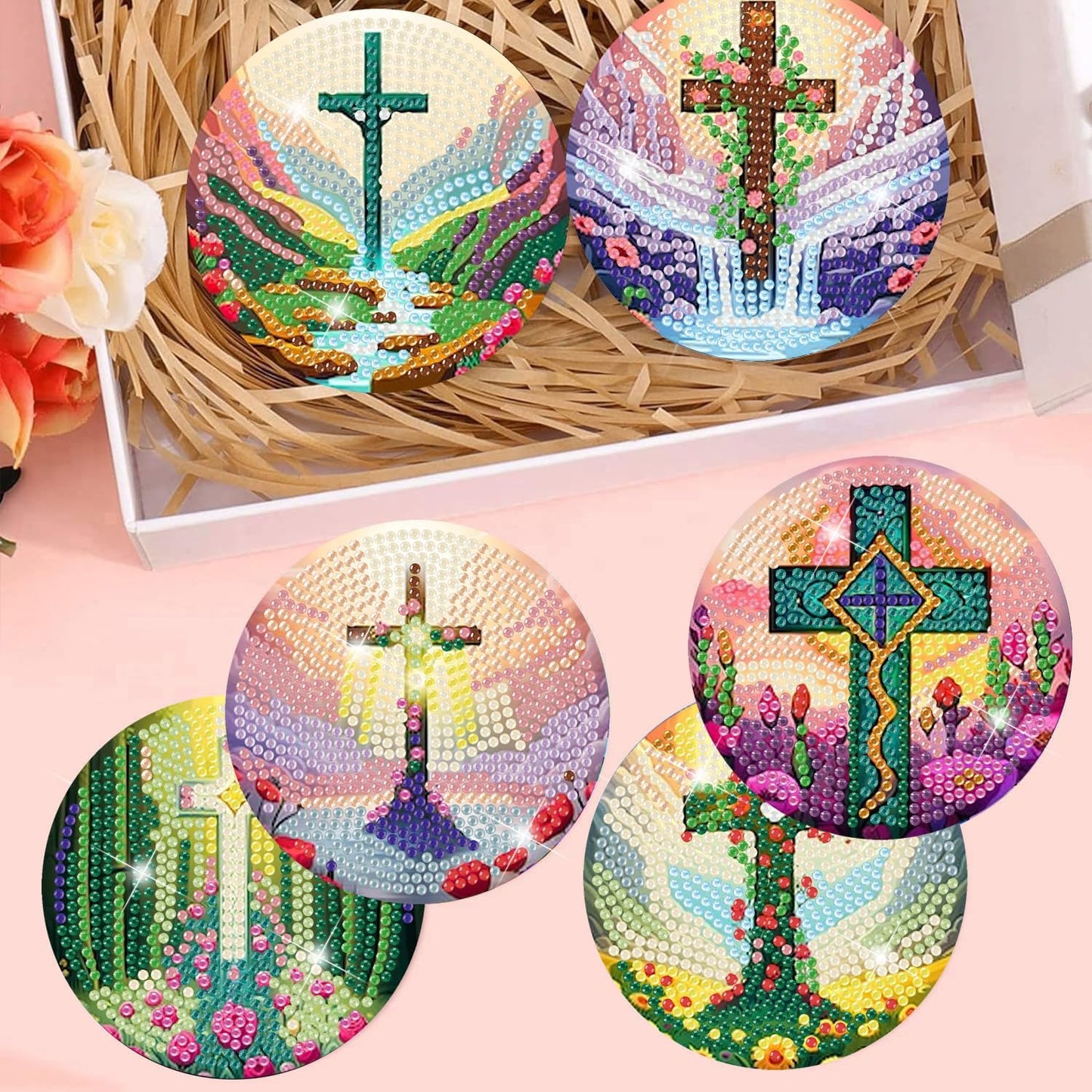 Meothan 8 Pcs Diamond Art Coasters Kits for Adults with Holder Cork Pads, Cross Diamond Dots Art Painting Coasters Crafts Kit for Home Office Decor (Religion)