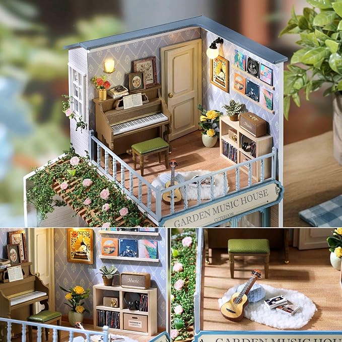 TuKIIE DIY Miniature House Kit with Furniture, 1:24 Scale Creative Room Wooden Mini Dollhouse Plus Dust Proof & Music Movement for Kids Teens Adults(Symphony of Bliss)