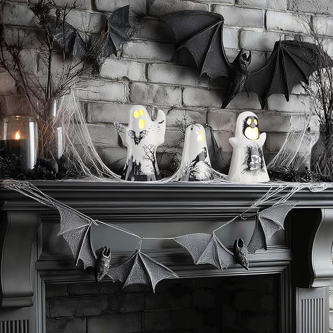 3 Pcs Ceramic Ghost Light up Decor Halloween Spooky Ghost Skull Decorations Indoor Gothic Vintage White Spider Web, Crow Raven Tabletop Decorations for Home Figurines Holiday Party