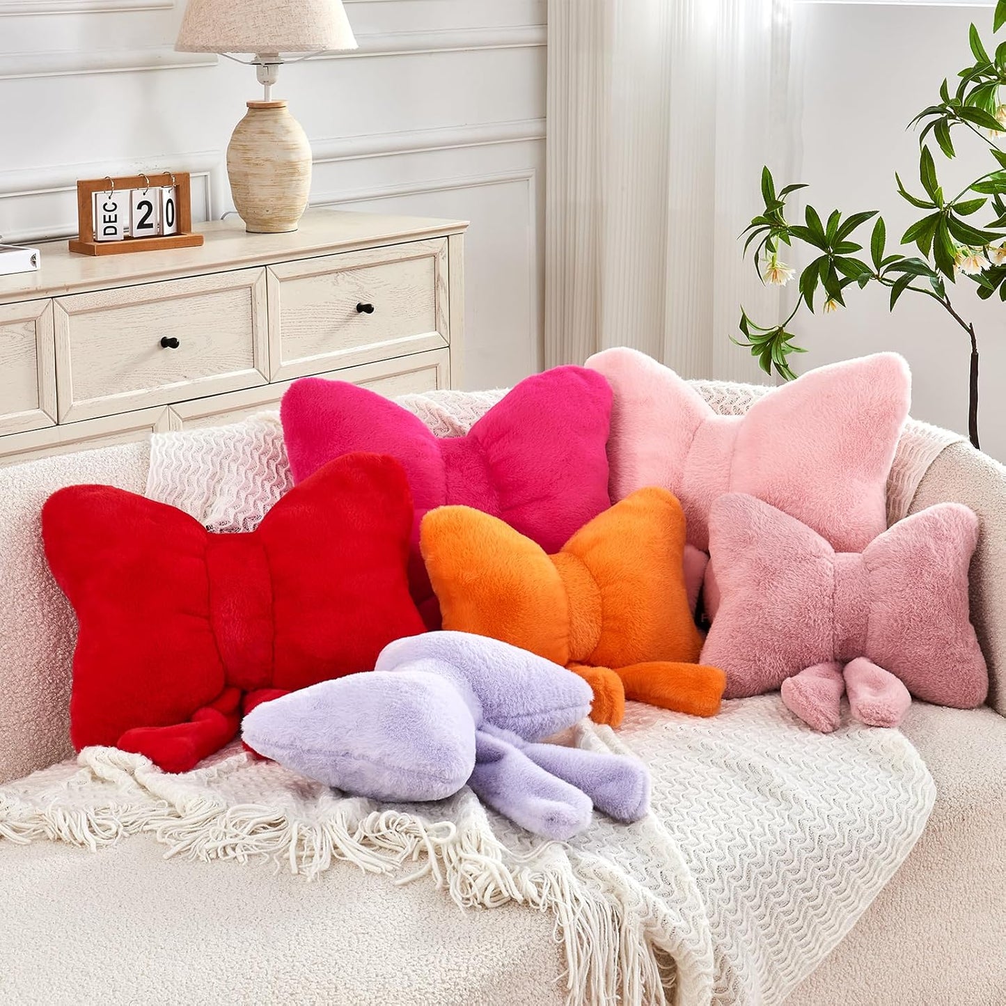 Hot Pink Bow Pillow, Soft Bow Decorative Pillows with Faux Rabbit Fur, Cute 16" Bow Throw Pillows, Aesthetic Home Decor Bow Shaped Plush Pillow for Bedroom Sofa Couch