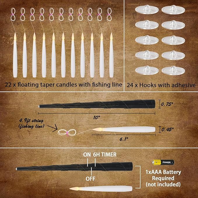 22 PCs Floating Candles with Wand Remote, Halloween Decorations Floating LED Taper Candles, Flickering Flameless Hanging Window Candles, 6.1" Magical Electric White Battery Operated