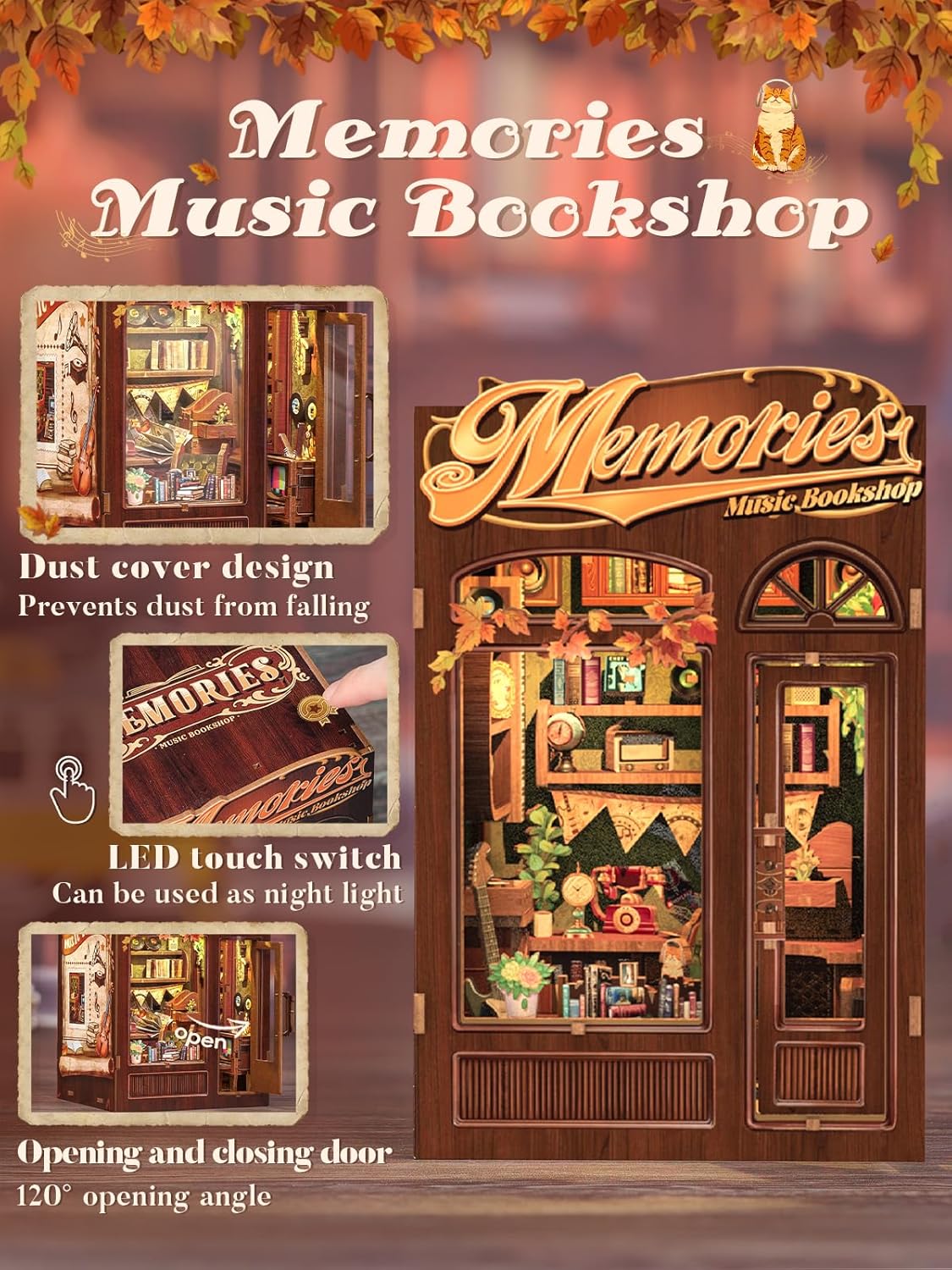 Cutefun Book Nook Kit - DIY Miniature House Kit for Bookshelf Decor, Book Nook Kits for Adults & Beginners, 3D Wooden Puzzle Dollhouse, Ideal Gift for Book Lovers (Memories Music Bookshop)