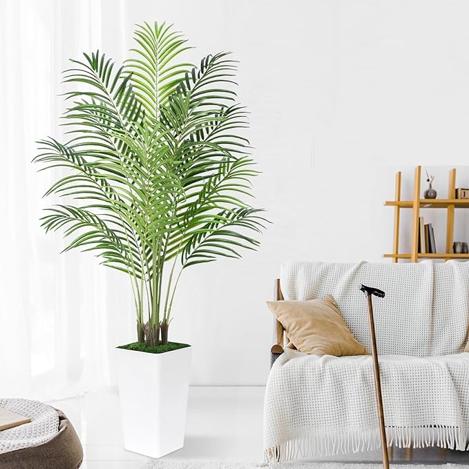 5ft Artificial Palm Tree with White Planter-Tall Artificial Indoor Plants, Fake Tropical Palm Tree, Faux Silk Plants for Home Office Living Room Bedroom Modern Decor