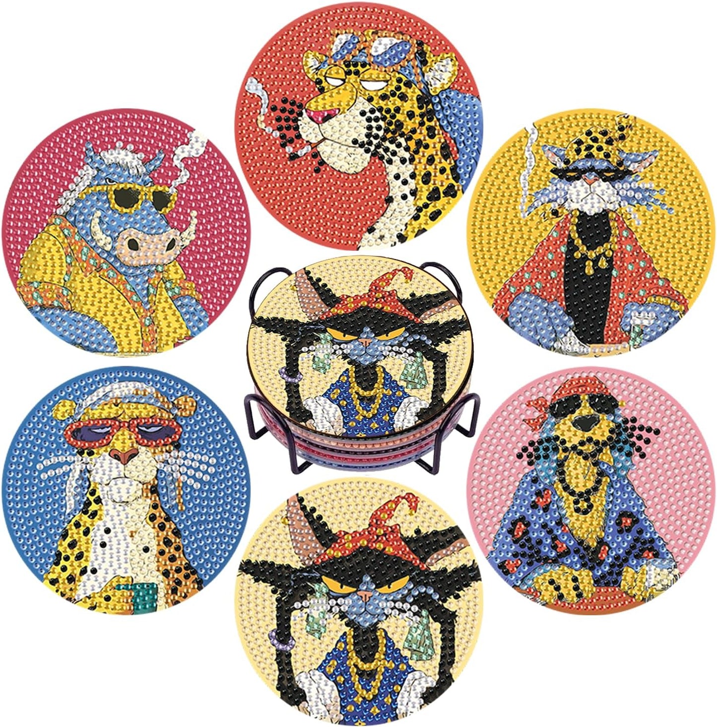 DOTSOPS Cat Diamond Painting Coaster with Holder 5D Diamond Art Kits for Adults 6Pack Round Full Drill Beginners Gem Dots Craft Arts Supplies Party Home Decor 6Pack Animal Style