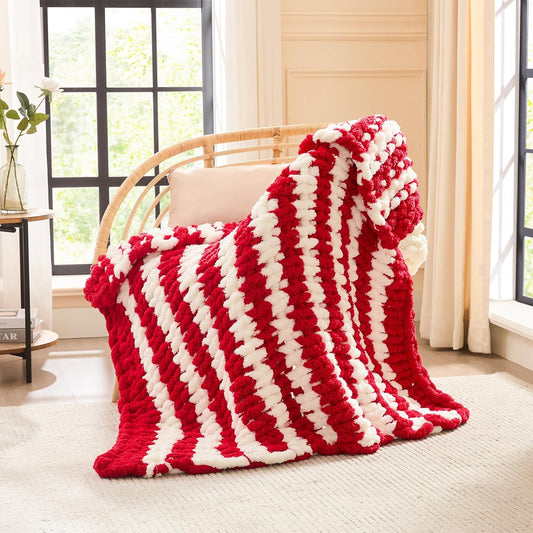 L'AGRATY Chunky Knit Blanket Throw - Soft Chunky Throw Blanket 40x50: 100% Hand Kintted Chenile Crochet Throw Blanket for Couch - Large Cable Knit Chunky Blanket for Home Decor(Red and White)