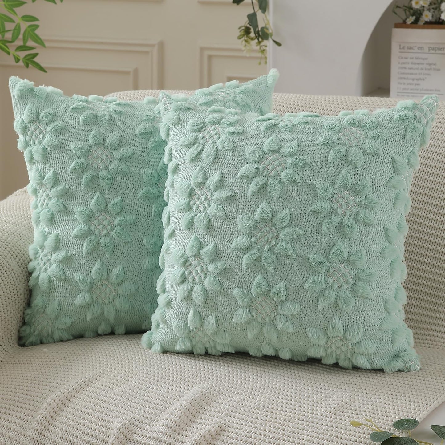 DFXSZ Spring Summer Pillow Covers 16x16 inch Set of 2 Farmhouse Decor White Flower Heart Sunflower Green Soft Plush Faux Fur Jacquard Throw Pillows for Sofa Holiday Spring Home Decor PTK024F16