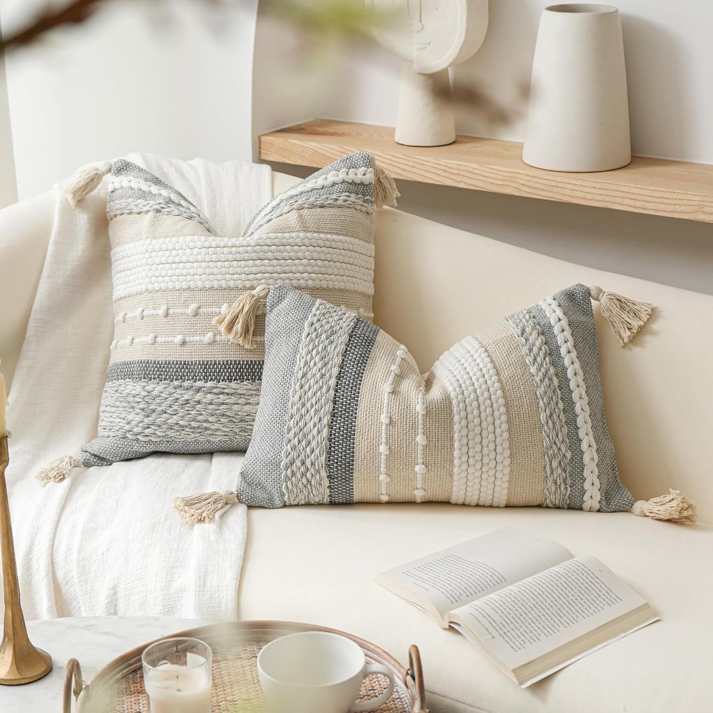 BlissBlush Gray Boho Throw Pillow Cover 20x20 Grey Decorative Accent Pillow for Couch Square Woven Textured Pillowcase Modern Farmhouse Pillow for Bed Bohemian Pillow Cover (Pack of 1)