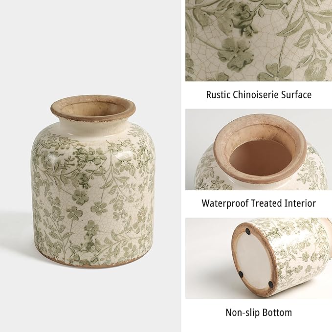 Vintage Floral Chinoiserie Ceramic Vase, 6.2” Ice Cracked Hand-Painted Pastel Green Botanical Design, Antique Style Home Decor (Green, 6.2”x5.2”)