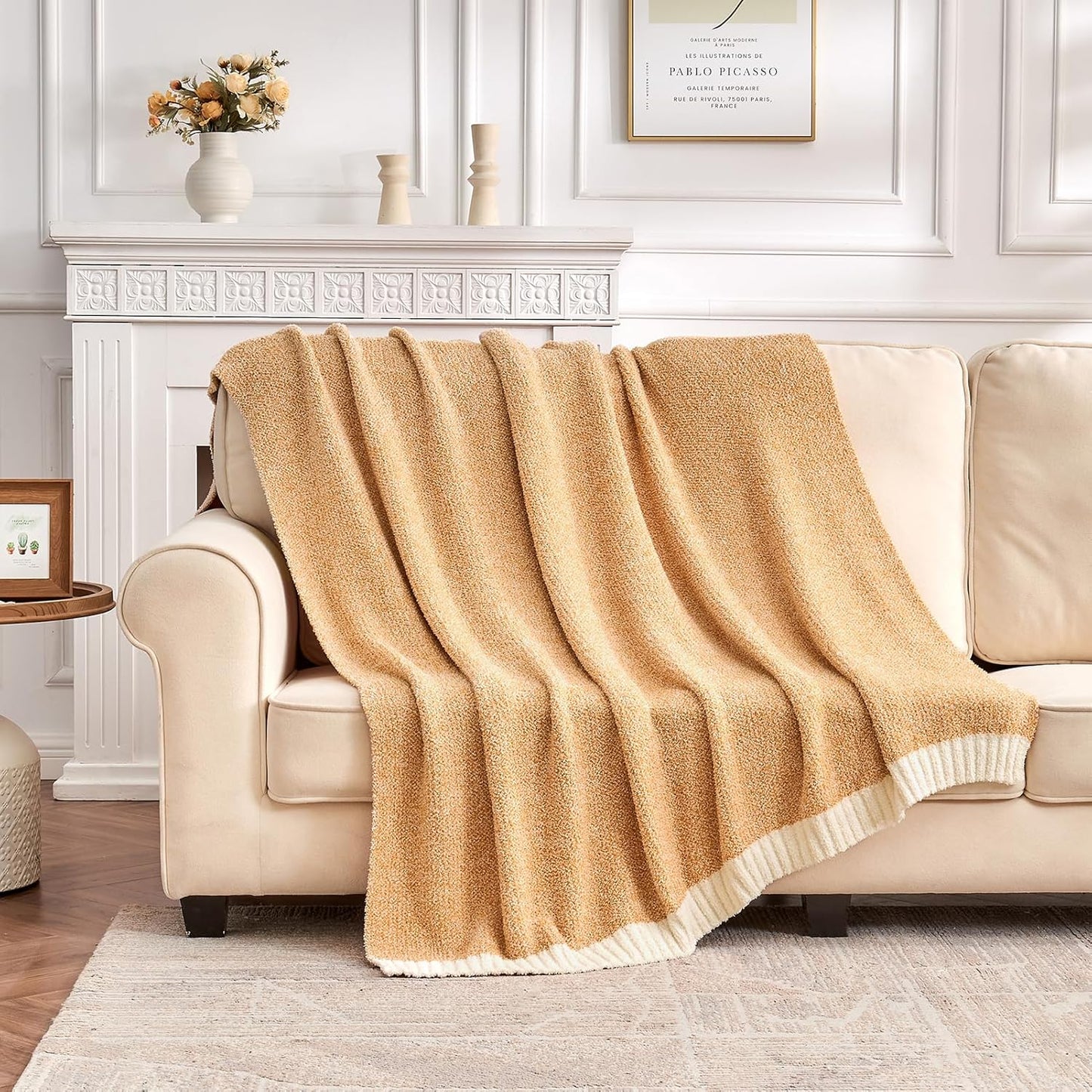 CozeCube Super Soft Fullfy Microfiber Reversible Knitted Blankets, Warm Cozy Fuzzy Plush Throw, Orange and White Melange Throw Blanket for Couch Bed Sofa, 50" x 60"