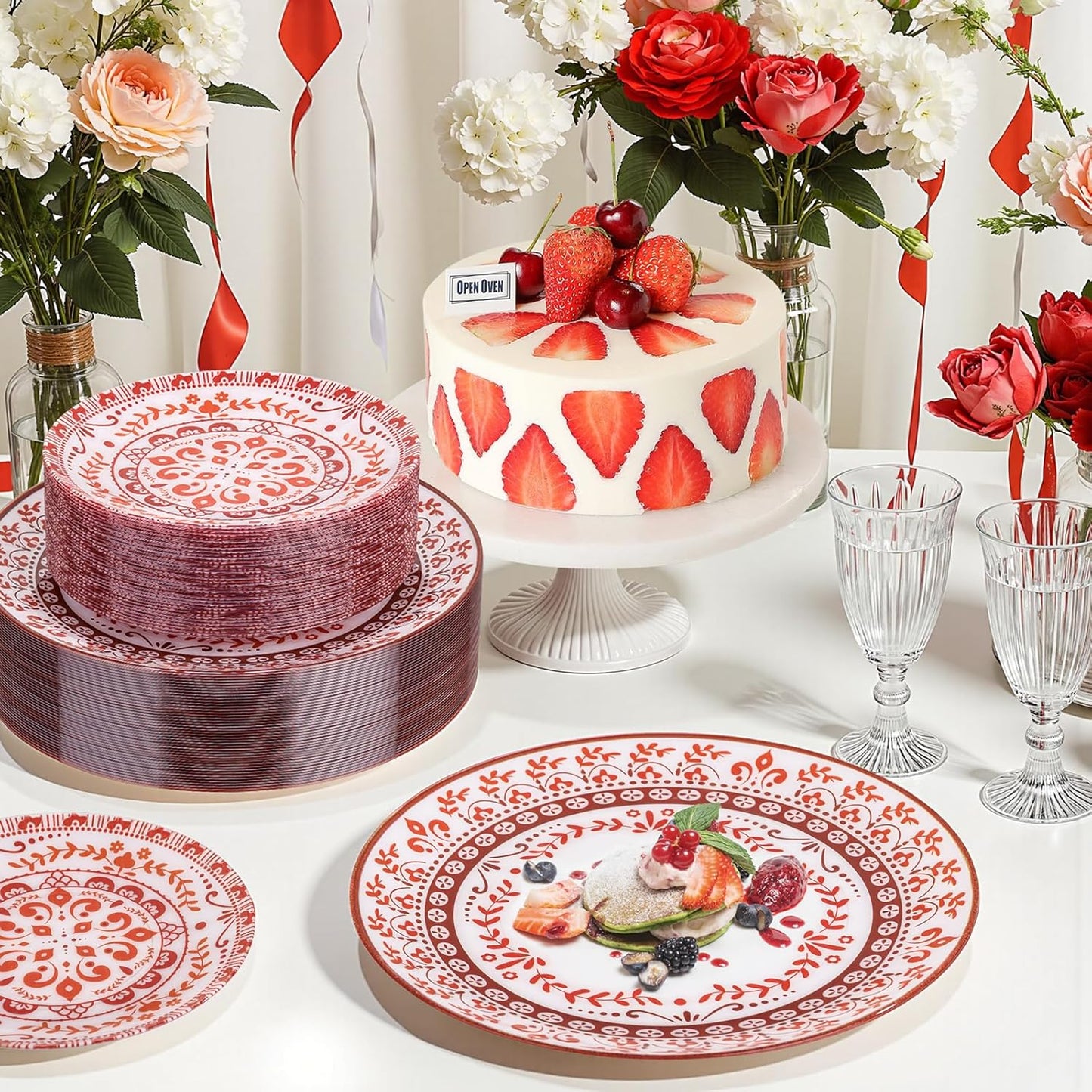 Hioasis 60pcs Red Plastic Plates Set - Floral Red & White Porcelain Design, 10.25" Dinner & 7.5" Dessert Plates Disposable for Wedding/Party (Dishwasher Safe, Traditional Style)