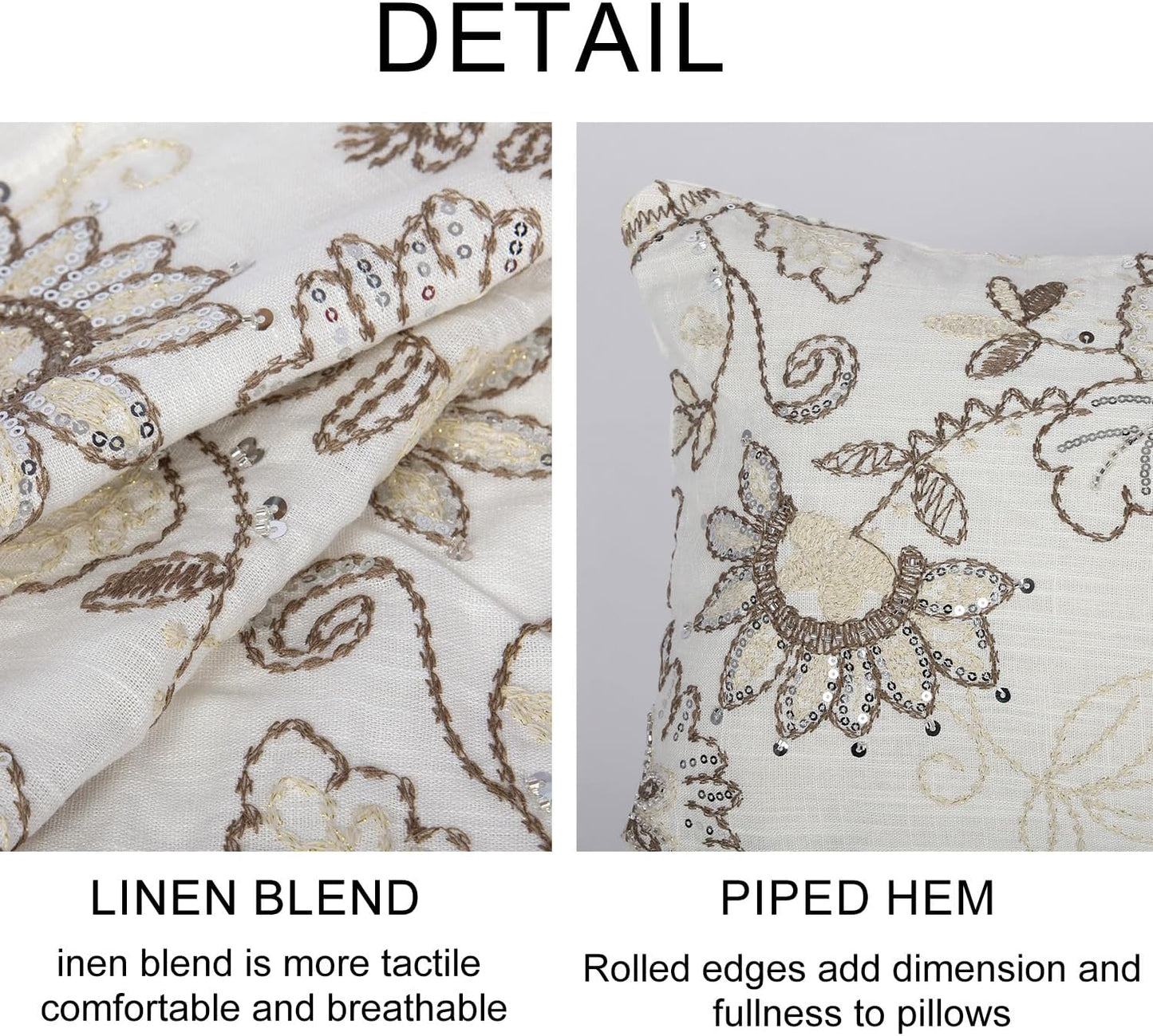 Floral Embroidered Lumbar Throw Pillow Cover 12x 20, Sequin Chinoiserie Flower Neutral Linen Pillow Cushion Cases, Farmhouse Decorative Pillows for Bed, Outdoor Couch White