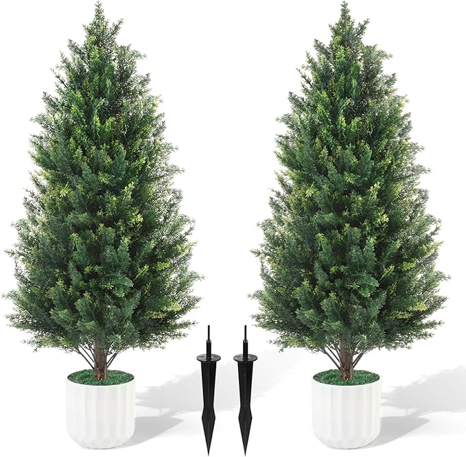 3FT Artificial Cedar Topiary Trees Set of 2 Detachable Planter & Spike,UV Resistant Faux Plants Outdoor and Indoor,Realistic Fake Bushes Pine Tree for Front Porch Decor Patio Offices Living Room