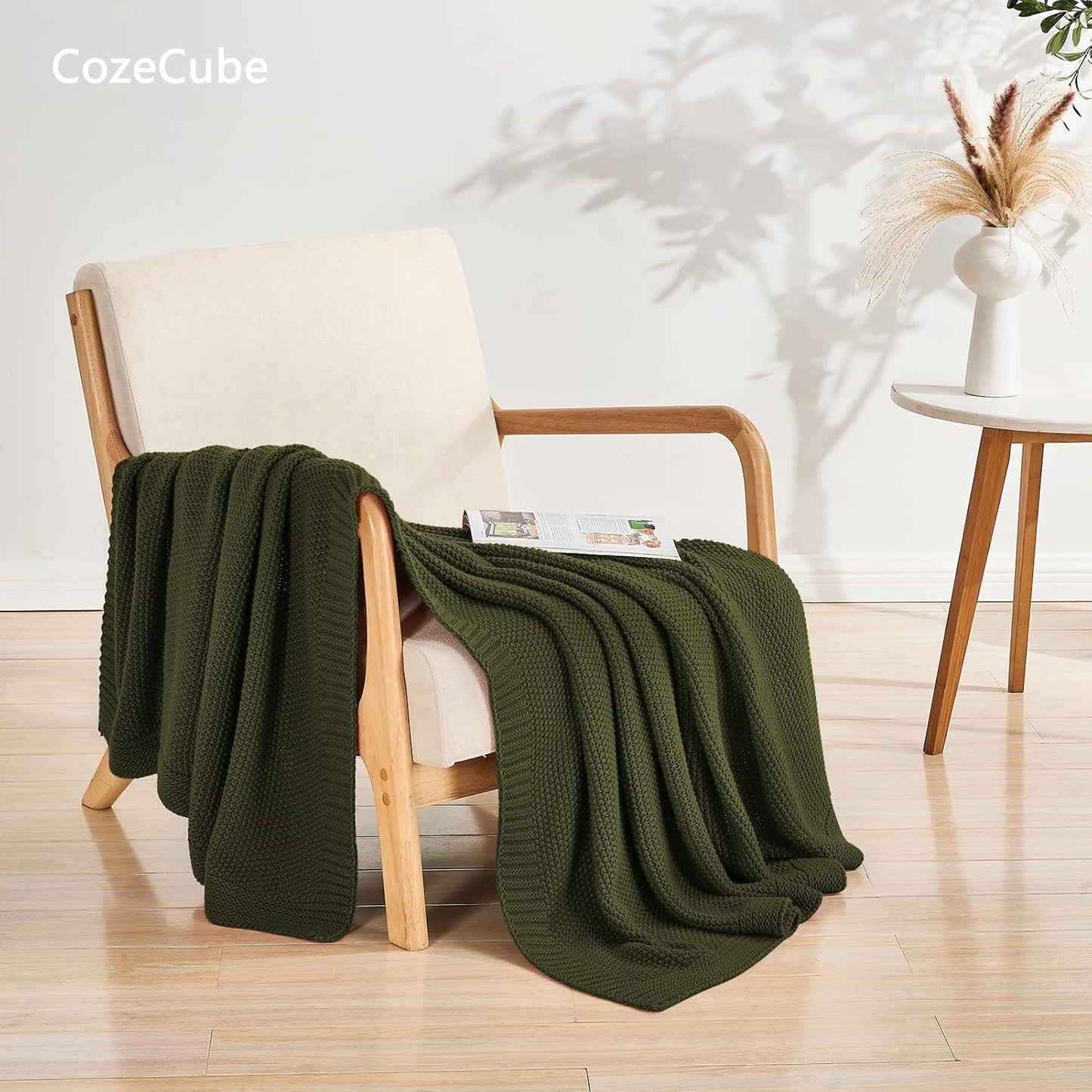 CozeCube Olive Green Throw Blanket for Couch, Soft Cozy Cable Knit Throw for Bed Sofa Living Room, Lightweight Warm Decorative Farmhouse Christmas Blanket, 60"x80", Olive Green