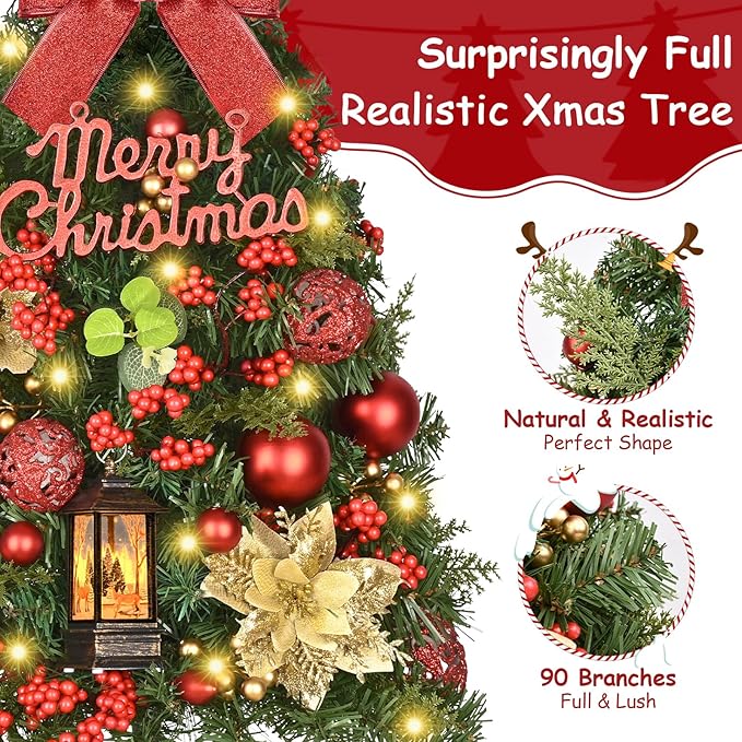 Uspring 2Ft Small Christmas Tree with Lights, Artificial Table Top Christmas Tree with Pre-Decorated Ornaments LED Lights, Mini Xmas Trees with Hanging Snow Globe Lanterns for Indoor Holiday Decor