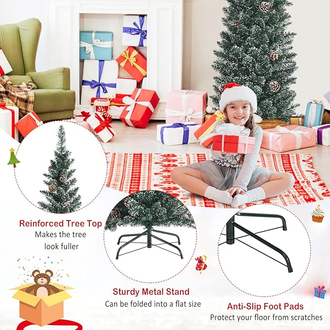 5 ft Pencil Christmas Tree, Slim Flocked Christmas Tree with 214 PVC Branch Tips, 25 Pine Cones & Foldable Metal Stand, Skinny Xmas Trees, Artificial Christmas Tree for Home, Office, Holiday