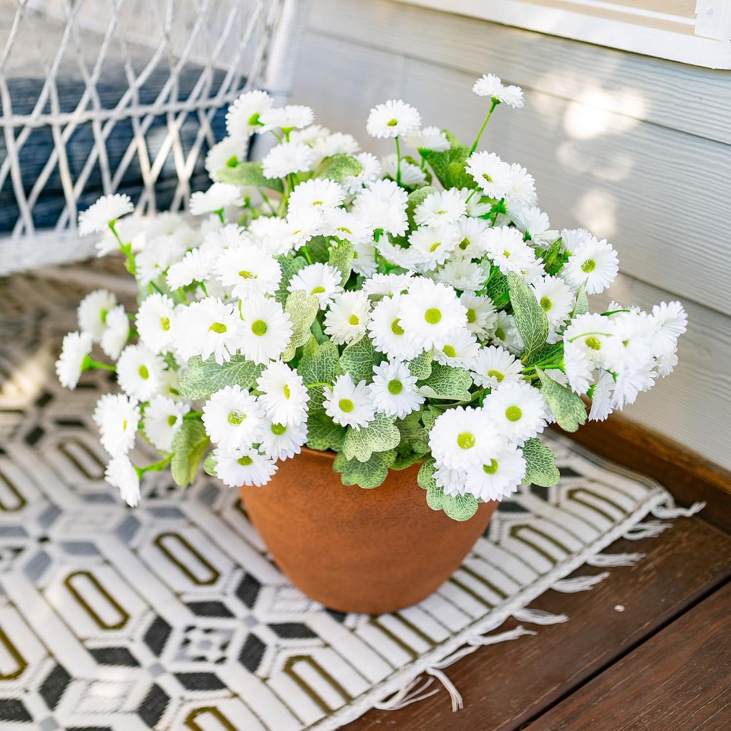 HyeFlora Dahlia Artificial Fall Flowers for Outdoors Autumn Decoration, 6 Bundles Fake Mums White Faux Flowers Plants Realistic UV Resistant Silk Flowers for Outside Planter Front Door Yard Garden