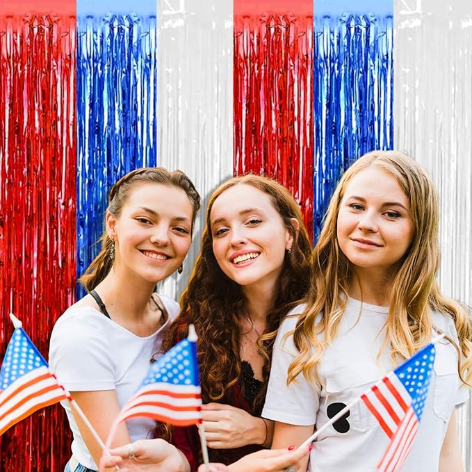 4 Pack Red Blue White Foil Fringe Curtain Backdrop, 3.28Ft x 9.8Ft Metallic Tinsel Foil Fringe Streamers Curtains for Photo Booth, Wedding, Mardi Gras, Birthday, Independence Day Party Decoration